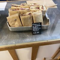 Focaccia with beetroot, falafel, hummus and tzatziki  at Hart's Bakery in Bristol