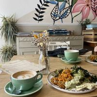 Salad plates and coffees  at The Feel Good Larder in Barnstaple