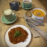 Posh baked beans on seeded bread & carrot & cumin soup with seeded bread 🤎🧡💚  at The Feel Good Larder in Barnstaple