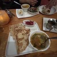 Spinach and potato boulani and chana masala, g*psy wrap and dal   at East is East - Broadway in Vancouver