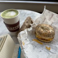 Matcha w/ almond milk & vegan breakfast sandwich (JUST egg, V sausage, V cheese)  at Coffee Connection in Providence