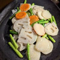 Asparagus & lotus root in black bean sauce at Shi Restaurant in Dubai