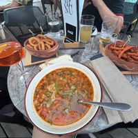 Vegan soup and onion rings  at Krakovc in Ljubljana