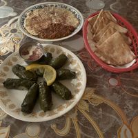 Top is the cold vegetarian sampler (no lebneh to make vegan). The foraged hand rolled grape leaves bottom of picture   at Garden House in Rosendale