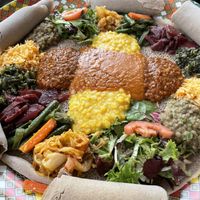Beautiful and Delicious Vegetable Combo for 4, with extra Injera.  at Delish Ethiopian Cuisine in Seattle