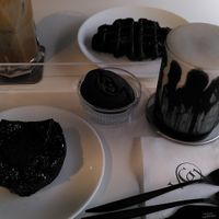 black sesame latte, black rice jam pastry, black rice croffle, cafe latte, complementary cookies at Veganuary - 비거뉴어리 in Incheon