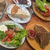 Brownie, frangipane pie, croque (~grilled cheese) with salad, toast at Plantbar Jacqueline in Borgerhout