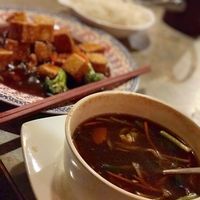 Vegan-Hot and Sour Soup.  Background is General Tso Tofu at Lai Thai Kitchen in Grand Rapids