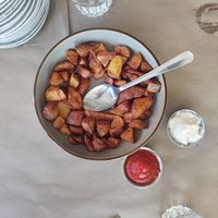 Patatas bravas (mayo has egg) at San Chez Bistro in Grand Rapids