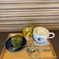 matcha muffin with anko filling and creamy soy latte  at yurumu in Hiroshima