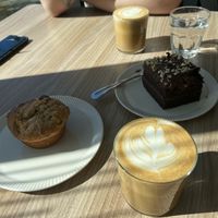 Cake muffin and lattes with oat milk   at Feast & Fallow in Vancouver