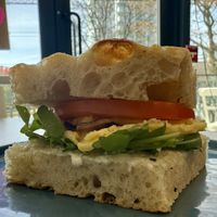 Breakfast sando w focaccia    at Feast & Fallow in Vancouver