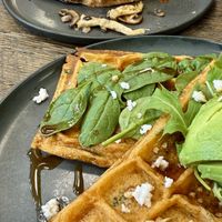 Brekkie Sando and Spinach Feta Waffles  at Feast & Fallow in Vancouver