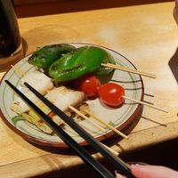 Set of Veggie skewers (pepper, tomato, leek, garlic, mushroom) at Nogataya Shinjuku Omoide Yokocho - 野方屋 新宿思い出横丁店 in Tokyo