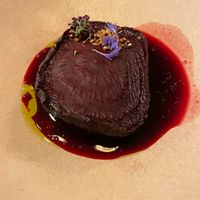 Betterave en 5 façons infusée et réhydratée dans un melange de myrtille et saké , jus de betterave , huile de poireau  at Entropy in Brussels