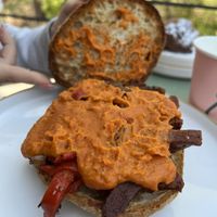 Seitan steak and cheese sandwich on ciabatta roll  at Little Loaf Bakeshop in New Paltz