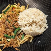 Pad krapow moo w/brown rice $17.90 at Madame K's Vegetarian in Fitzroy