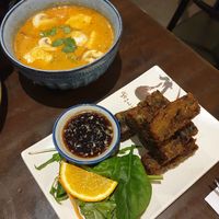 Tom Yum soup, Chive dumplings (both delicious) at Madame K's Vegetarian in Fitzroy