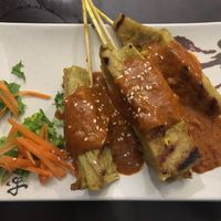 “Chicken” satay skewers, with peanut sauce. at Madame K's Vegetarian in Fitzroy