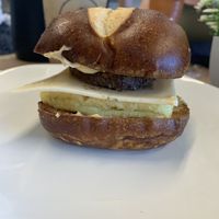 Breakfast sandwich with beyond sausage, just egg, and vegan cheese.  at Almond & Oat Coffee House in Las Vegas