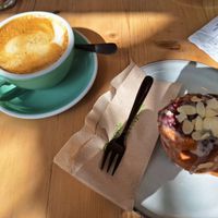 Oat Flat White and Bakewell Bun at Offbeet - Southsea in Southsea