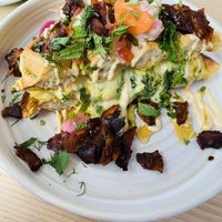 Waffle from Oct 2024 menu, with coconut bacon, cheesy kale sauce and pickled veg- so nice!   at Offbeet - Southsea in Southsea
