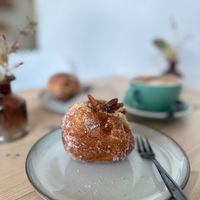 Pecan treacle tart donut and lions mane latte.  at Offbeet - Southsea in Southsea
