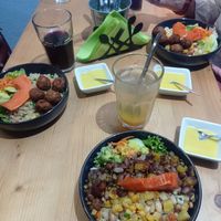 Asian rice with falafel, cachupa with vegan protein, cachucha with falafel at Nha Gost in Santa Maria