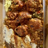 Today’s large combo: Shepherds pie, tofu & mixed veg curry, rice, & veggie balls w/tomato chutney (extra balls at my request )  at Krishna Food in Christchurch