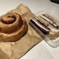 Cinnamon scroll & vanilla blueberry layer cake  at Krishna Food in Christchurch