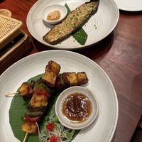 Miso-grilled aubergine, tofu skewers  at R'Miet in Siem Reap