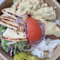 Chickpea bowl with falafel added  at Jayna Gyro in Emeryville