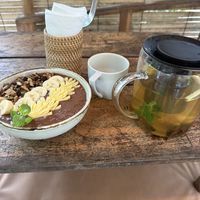 Choc smoothie bowl and ra healing tea   at Bintang Tiga- 'Ra' Healing Food in 