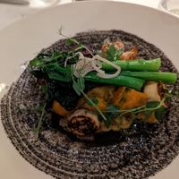 Coconut curry, with jackfruit, apple banana, squash, beet, black sesame puree at Ama Ama Restaurant in Kapolei