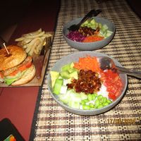 Tempeh burger without mayonnaise and two vegan Tempeh bowls   at Lima Cafe in Pecatu