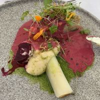 This was super tasty besides the obvious ingredients there were a parsnip purée and a celery layered tortino in a beetroot sauce.  at Ertlio Namas in Vilnius