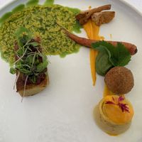 Carrot purée, veggie croquette, saffron based crepe (not quite sure how to describe it) and another light and super tasty with onion sauce on top yummy  at Ertlio Namas in Vilnius