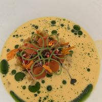 Carrot soup with barley, vegan cream and dill oil. So many flavors and textures!  at Ertlio Namas in Vilnius