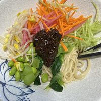 A vegan take on the classic Beijing noodles Zhajiangmian  at Baiyi Vegetables Lanzhou Sulamian - 百易素食·素拉面（元大都店) in Beijing