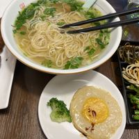 Vegan ramen, meat skewer, and egg. PLEASE order the vegan egg, it is so delicious and convincing!  at Baiyi Vegetables Lanzhou Sulamian - 百易素食·素拉面（元大都店) in Beijing