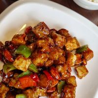 Eggplant, bell peppers, and almonds in a sweet-and-sour sauce. A bit too sweet for my taste, but still good :) at Baiyi Vegetables Lanzhou Sulamian - 百易素食·素拉面（元大都店) in Beijing
