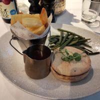 Lentil & spinach pie, chunky chips, French beans & red wine gravy. at Albert's Didsbury Restaurant & Bar in Manchester