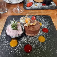 Chocolate cheesecake with strawberry icecream at Quay Street Kitchen in Galway