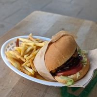 Aussie burger + small chips at Vego's in Charlestown