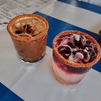 Fresh juice tamarind and hibiscus margaritas rimmed with tajín at El Marinero Borracho in San Jose Del Cabo