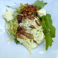 Vegan carbonara with chicory and smoked dates at De Veldkeuken in Bunnik