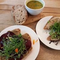 soup of the day, baba ganocuhe sandwich and sandwich of the day (with hummus) at De Veldkeuken in Bunnik