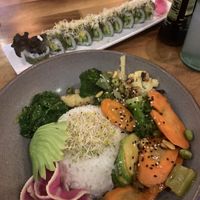Vegan poke bowl and a vegan sushi roll   at Kahe Sushi in San Jose Del Cabo