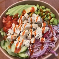 My custom-made bowl with sweet chili sauce — yours can be different 😉  at Sumak Poke in Fuerteventura