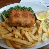 vegan Tofush and Chips with peas and tartar sauce at Norman's Coach and Horses in London
